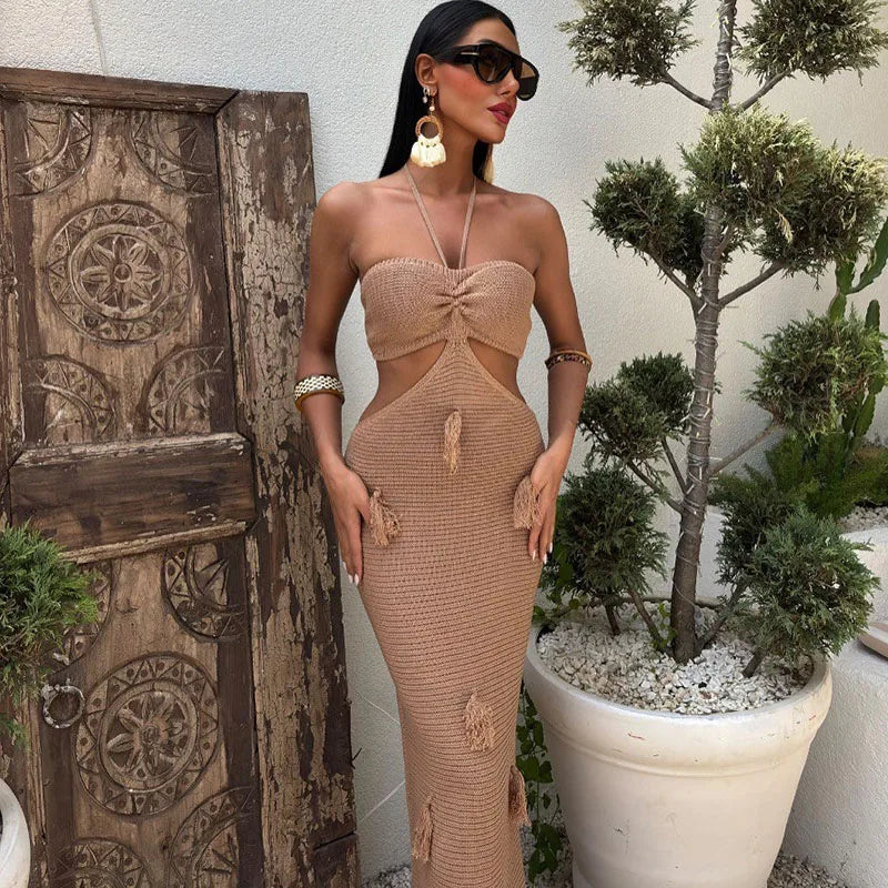 LIZAKOSHT  -  Knitted Halter Hollow Out Long Dress Women Backless Sleeveless Tassels Vacation Long Dresses Beach Solid Street Summer Robe