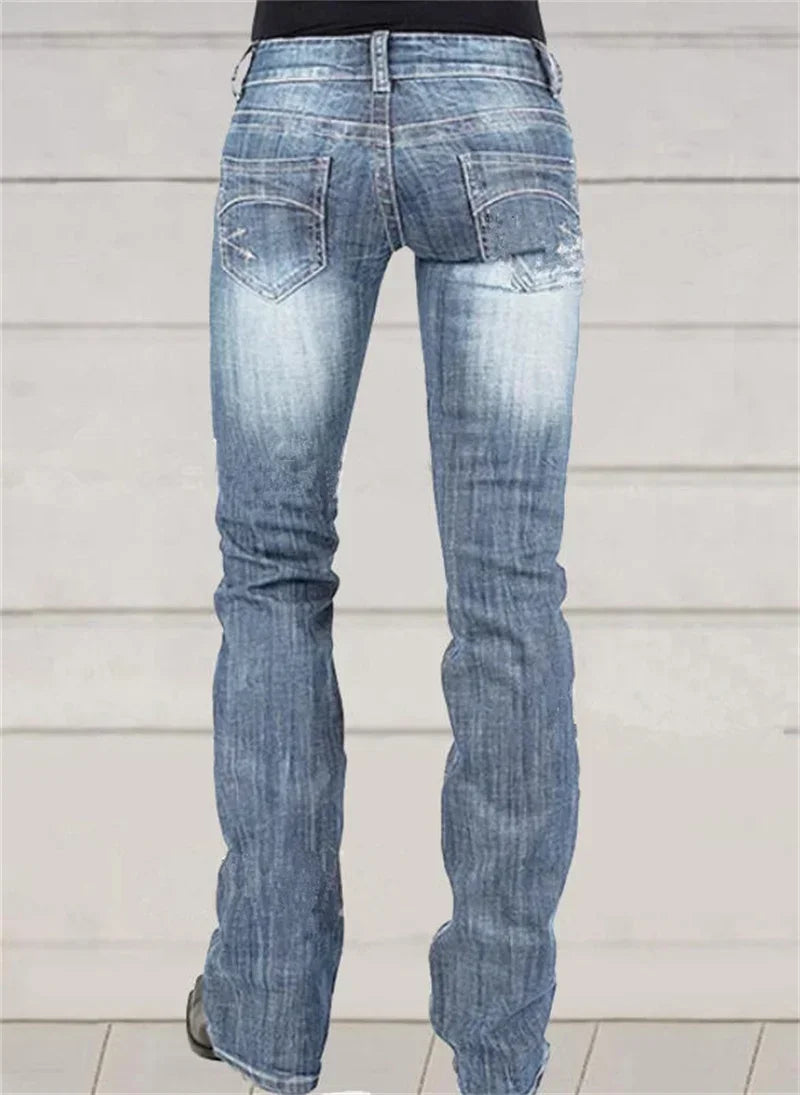 LIZAKOSHT  -  Low-waisted Women Flared Jeans Fashion Vintage Whitish Blue Washable Denim Pants Slim Fit Trousers Female Chic Casual Streetwear