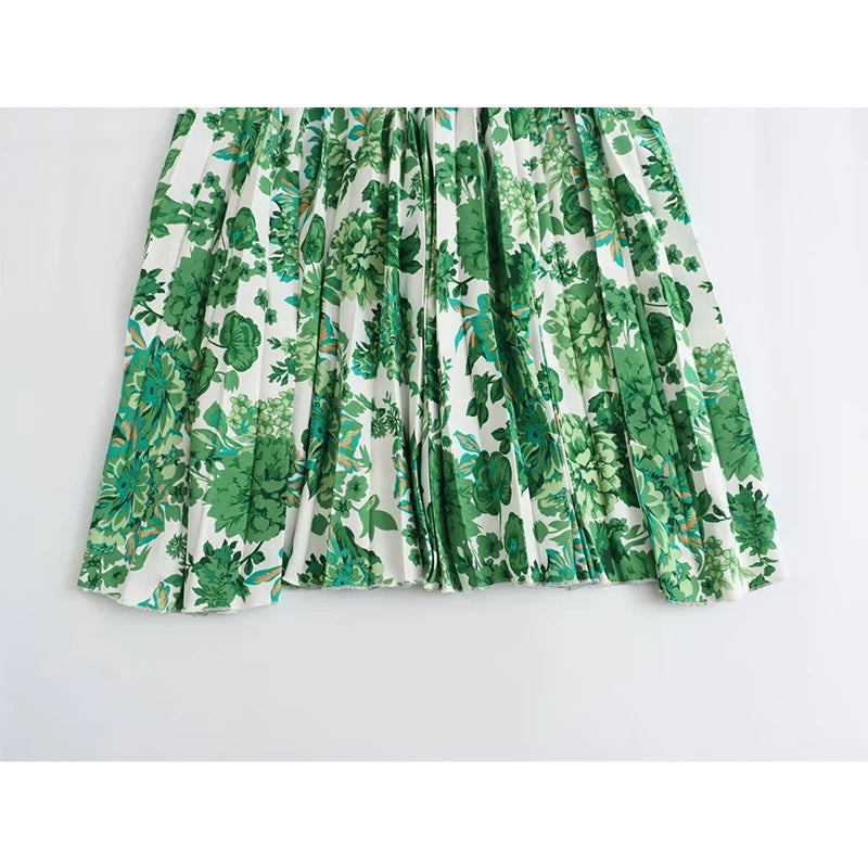 LIZAKOSHT  -   Green Floral Print Lacing Up Sling Beach Dresses Women Sexy Sleeveless O Neck Pleated Summer Dress Holiday Vestidos