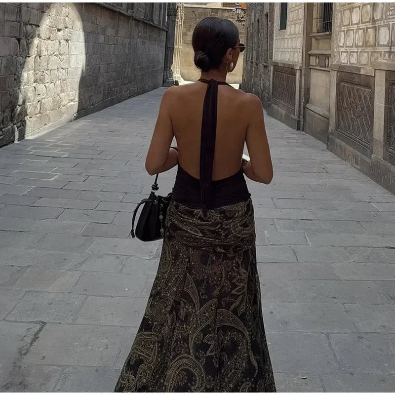 LIZAKOSHT  -  Fashion Print Long Skirt Women High Waist Ankle-length Loose Swing Skirt 2025 Summer Fashion Female Vacation Streewear Outerwear