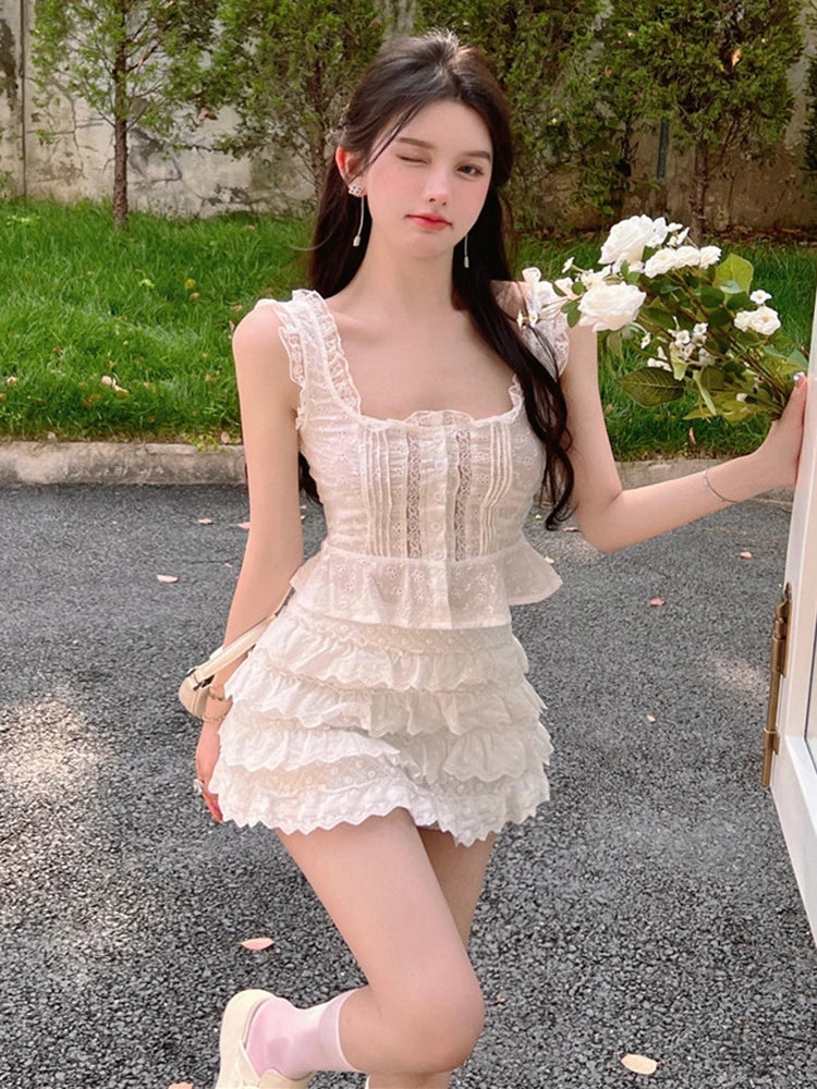 LIZAKOSHT  -  Summer Girl Sweet Fashion Two Piece Set Women Hotsweet Sexy Ruffles Tank Top + Skirt Sets Holiday Beach 2 Piece Suits