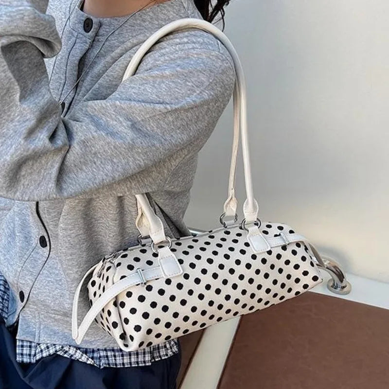 LIZAKOSHT  - Y2k Polka Dot Cylindrical Handbag Ins Trendy Personality Elegant Retro Glossy Leather Exquisite Small Capacity Daily Commuting