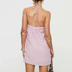 LIZAKOSHT  -  New Sexy Backless Lace Up Party Dresses Woman Chic Stripe Print Halter Mini Dress Summer Casual Sleeveless Hollow Out Boho Dress