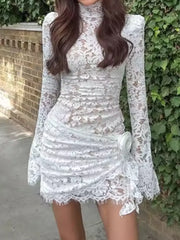 LIZAKOSHT  -  Elegant Lace Embroidery Mesh Party Dress Women Long Sleeve 3d Flower Bodycon Dresses Half High Neck Trendy Party Hip Wrap Dress