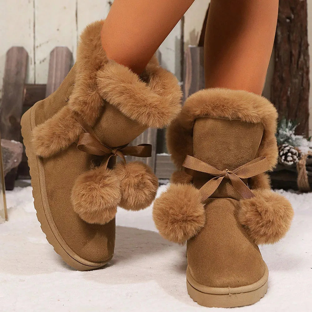 LIZAKOSHT  -  Big Size 43 Winter Cute Pink y2k Snow Boots Black Women Keep Warm Plush Ankle Boots Faux Fur Hairball Flat Comfy Outdoor Shoes