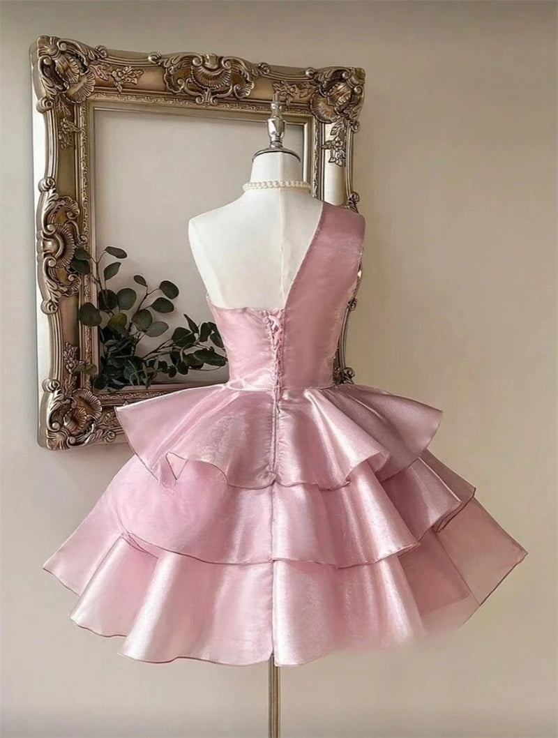 LIZAKOSHT  -  Princess Short Organza Evening Dresses Tiered Sleeveless A-Line Mini Prom Dresses One Shoulder Party Gowns