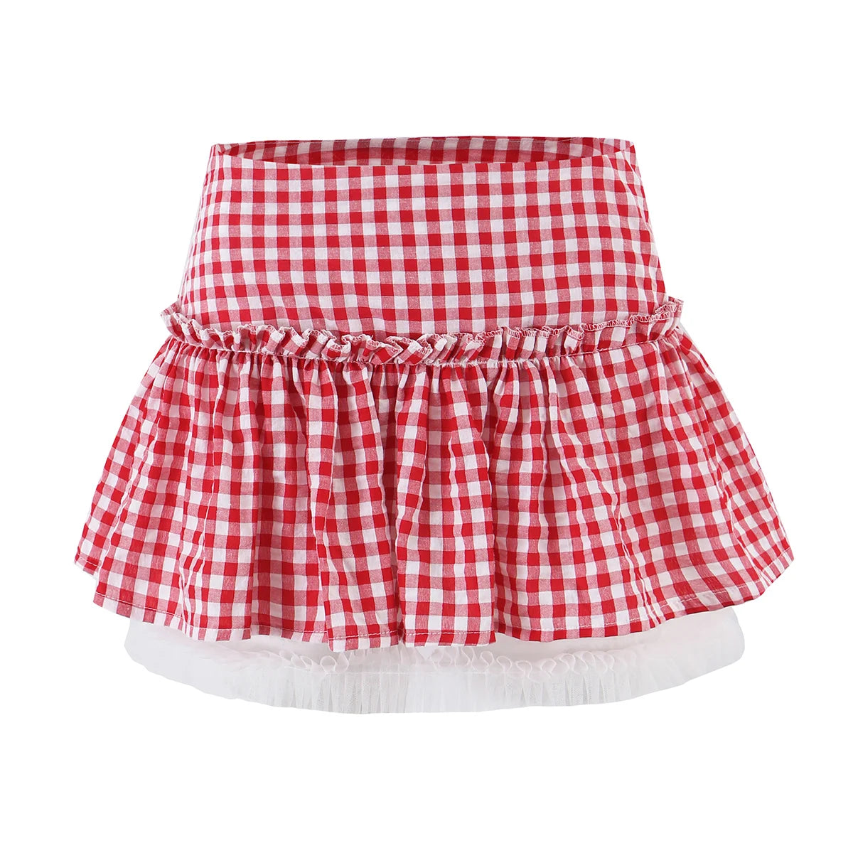 LIZAKOSHT  -  Sexy Red Plaid Spliced Lace Bow Ruched Chest Tank Top + High Waist Wood ears Mesh Lining Swing Cake Mini Skirt Suits 2pcs 1 Set