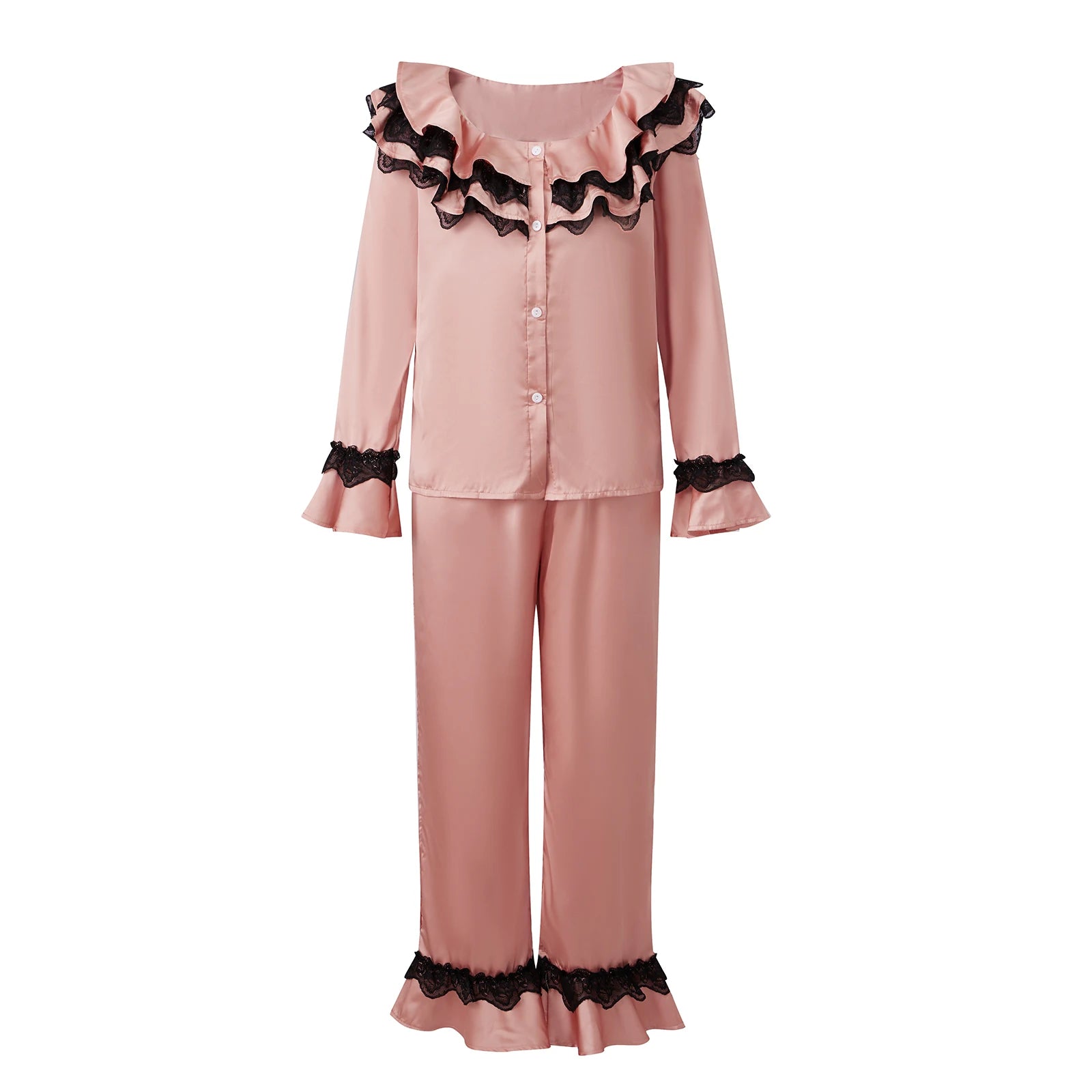 LIZAKOSHT  -  Women Satin Silk Pajamas Lace Trim Long Sleeve Turn Down Ruffles Button Up Blouse Tops + Pants Lounge 2 Pcs Set