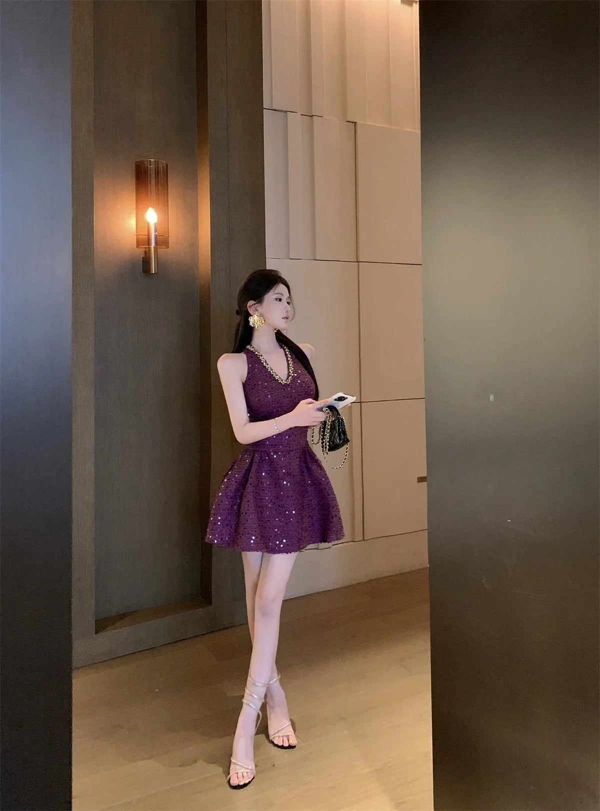 LIZAKOSHT  -  Korean Sweet Tweed Short Dresses For Women 2025 Spring Fashion Luxury Sequins Hotsweet Backless Sexy Party Dress Vestidos Cortos