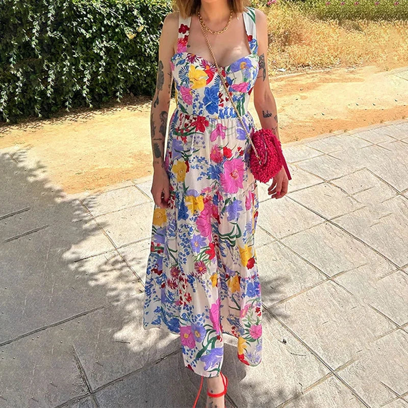 LIZAKOSHT  -  Elegant Floral Print Strap A-line Dress Summer Chic Waist Suspender Beach Dress Women New Tube Tops Sleeveless Long Dress