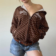 LIZAKOSHT  -  Retro Brown Polka Dot Print Hooded Sweatshirt Women Zip-Up hoodie Coats Clothes Women Autumn Going Out Outfit Streetwea
