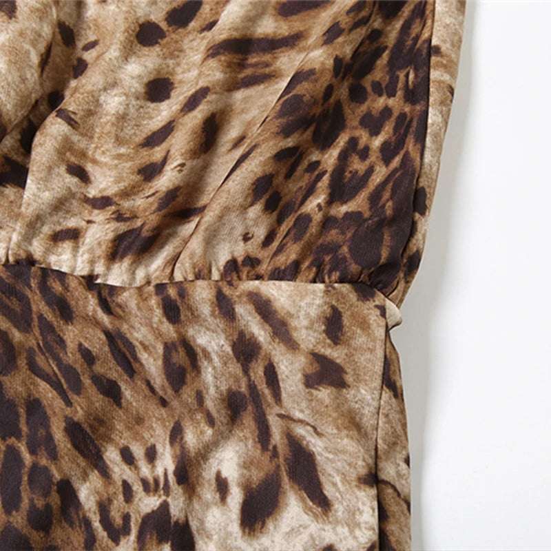 LIZAKOSHT  -  Street Style Women's Sexy Stylish Leopard Printed Irregular Long Flare Sleeves One-shoulder Backless High Waist Short Dress