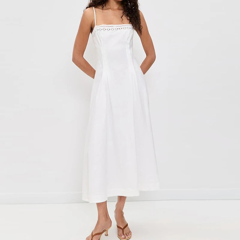 LIZAKOSHT  -  Women Sexy Simple Backless Hollow Long Dress Elegant Waist Embroidery vacation Dresses Off Shoulder Sleeveless Suspenders Dress
