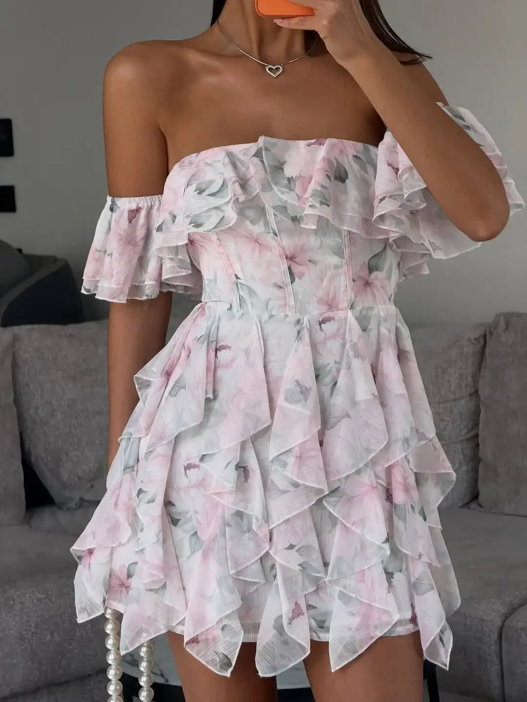 LIZAKOSHT  -  Women Pink Floral Print Chiffon Mini Dress Off Shoulder Short Sleeve Layer Ruffle Hem Summer Dresses Beach Vacation Party Gown