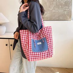 LIZAKOSHT  -  Denim Shoulder Bag Reversible Plaid Bohemian Messenger Bag Women Cute Dog Printed For Daily Use Large Capacity