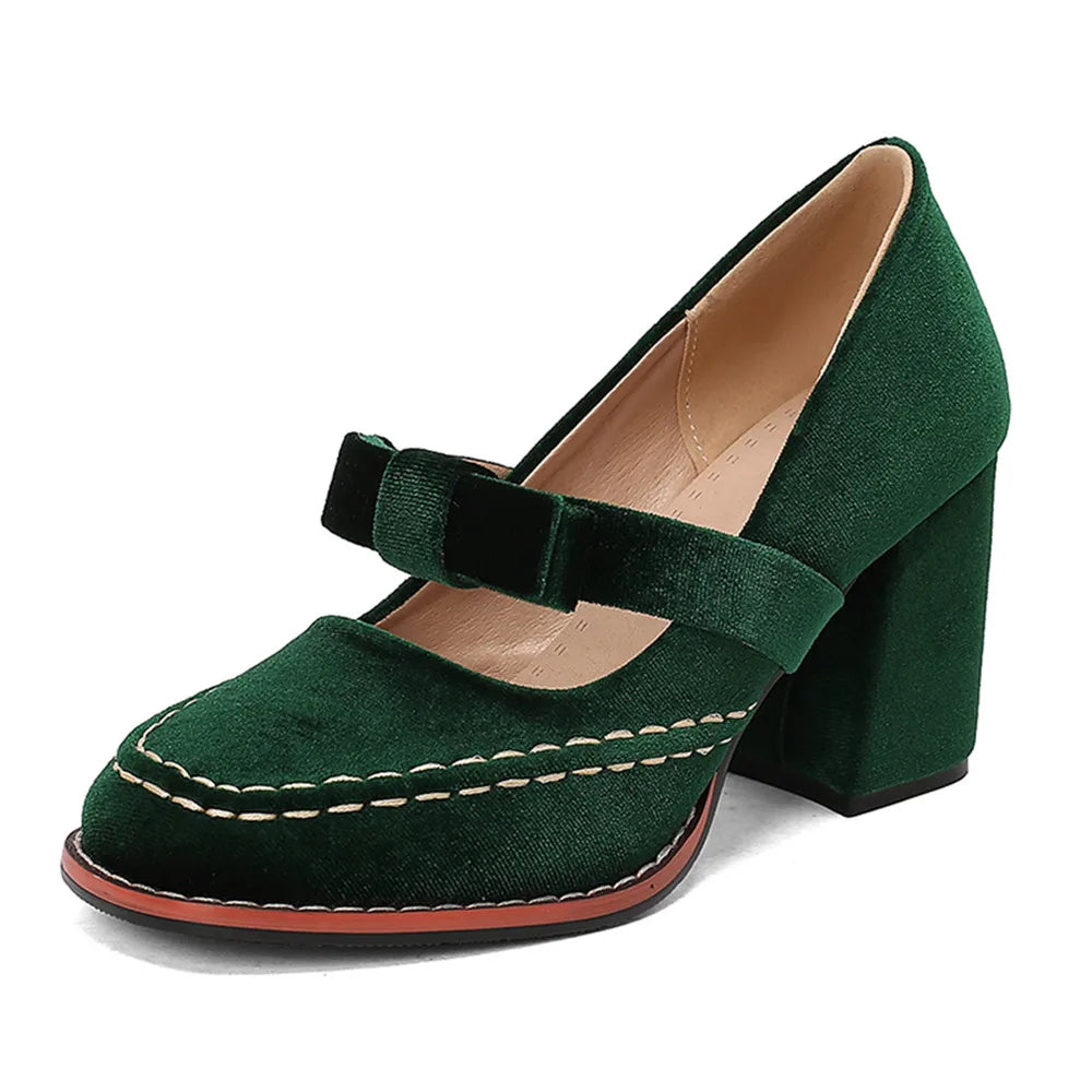 LIZAKOSHT  -  Plus Size 33-48 Retro Burgundy Elegant Office Lady Mary Janes Pumps Vintage Green Square High Heels Shoes with Bow Tie