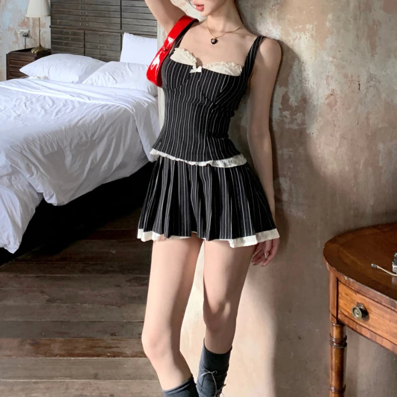LIZAKOSHT  -  Summer New Korean Contrast Color Lace Patchwork Stripes Sexy Camisole Women + Casual Pleated A-line Skirt Two-piece Suit