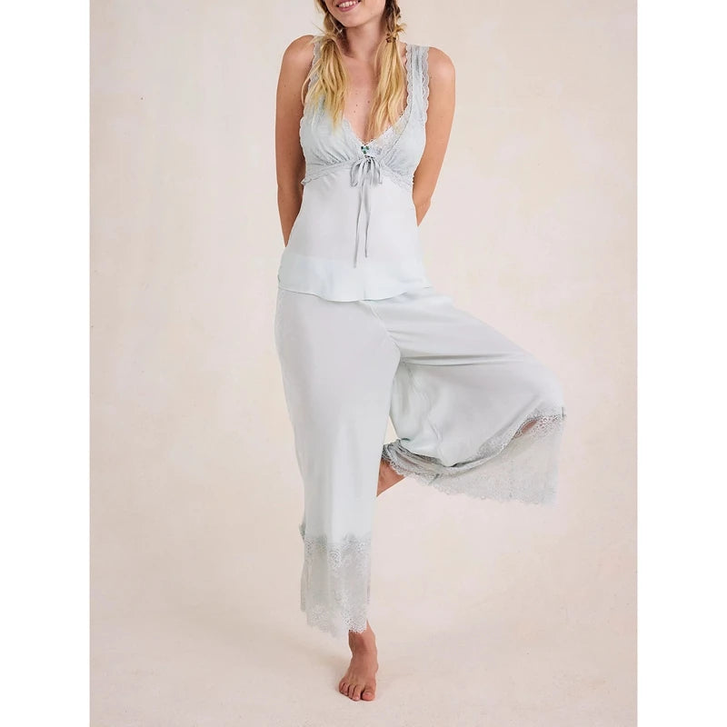 LIZAKOSHT  -  Womens 2Pieces Lace Patchwork Satin Outfits Set Y2k Going Out Sleeveless Tied Open Back Camis+ Long Pants Loungewear