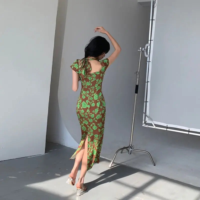 LIZAKOSHT  -  Sexy Elegant Girl Deep V-neck Fishtail Style Printed Dress Long Dress New Summer