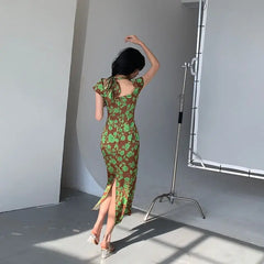 LIZAKOSHT  -  Sexy Elegant Girl Deep V-neck Fishtail Style Printed Dress Long Dress New Summer