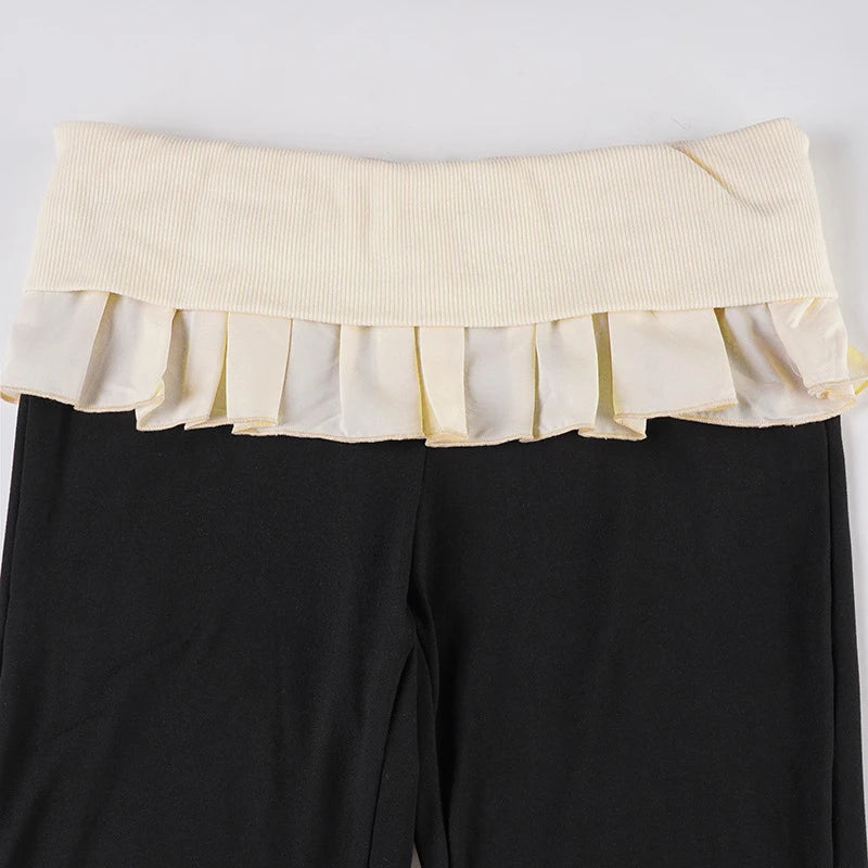 LIZAKOSHT  -  Y2K Cute Casual Skinny Ruffles Pleated Design High Waisted Knitting Flare Pants Contrasting Color Bottoms Hottie Streetwear