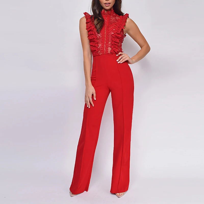 LIZAKOSHT  -  Stand Collar Sleeveless One Piece Jumpsuits Sexy Lace Patchwork Sheer Straight Rompers Women Elegant Waist Solid Long Playsuits