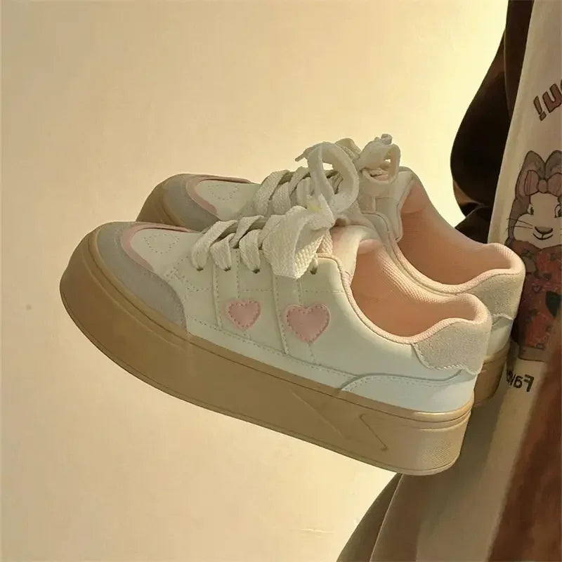 LIZAKOSHT  -  Pink Heart Patchwork Sneakers Sweet Korean Style Low-top Womens Sports Shoes Versatile Casual Pu Leather Female Shoes