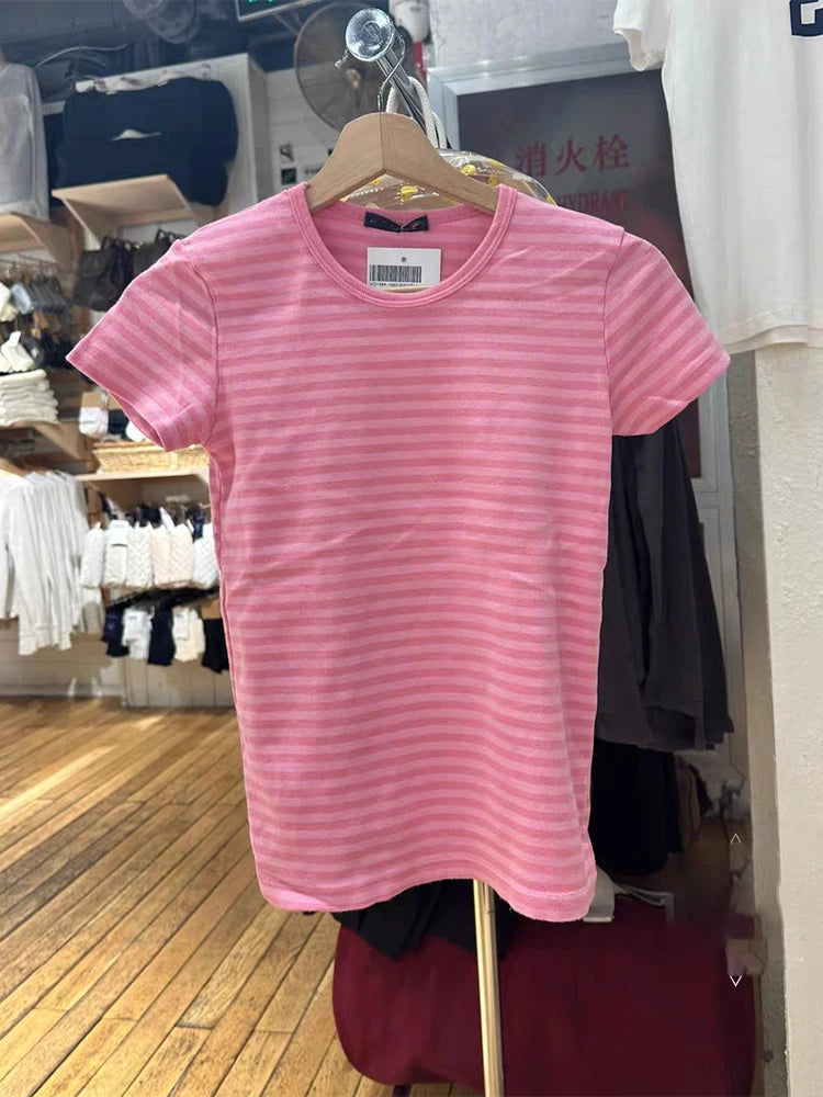 LIZAKOSHT  -  Pink Striped Slim T-shirts Woman Summer Round Neck Short Sleeve Tee Shirts Female Sweet Cute Preppy Style Cotton Tshirt Y2k Tops