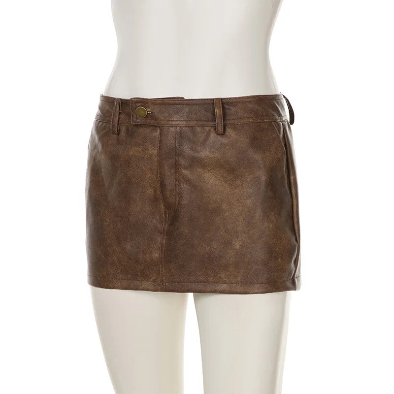 LIZAKOSHT  -  Y2k Brown Faux Pu Leather Low Waist Mini Skirts for Women Pockets Button Vintage Femme Club Streetwear Sexy Autumn Skirt