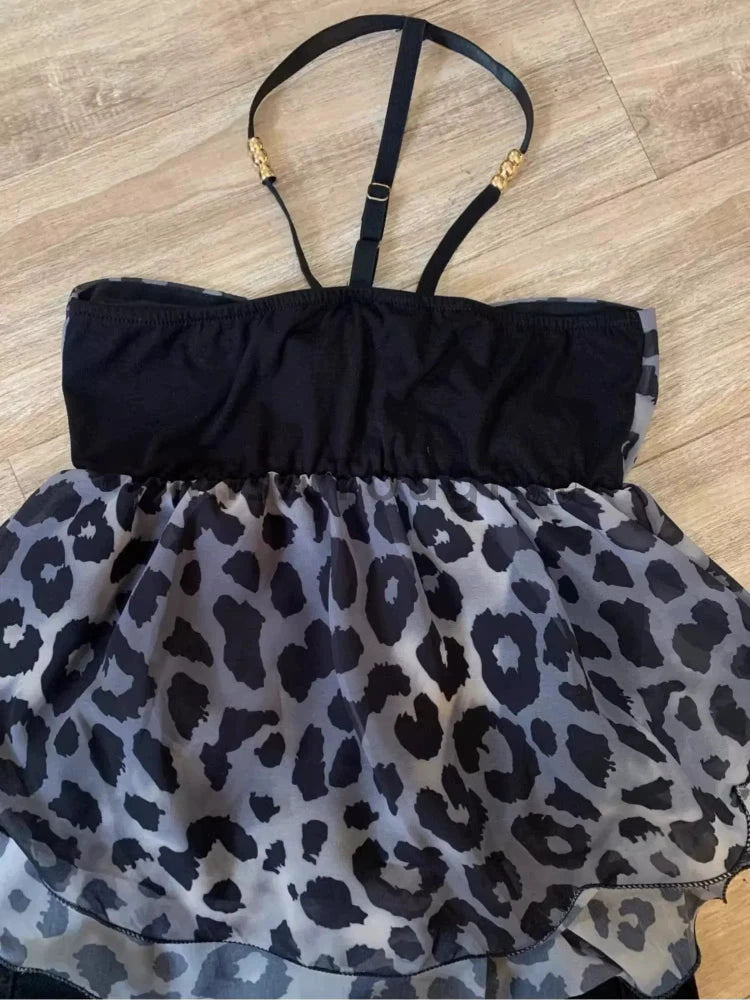 LIZAKOSHT  -  Summer Sexy Crop Tops Ropa Beach Women Halter Neck Backless Loose Vest Sweet Korean Camis Korean Leopard Print Retro Tanks Tops