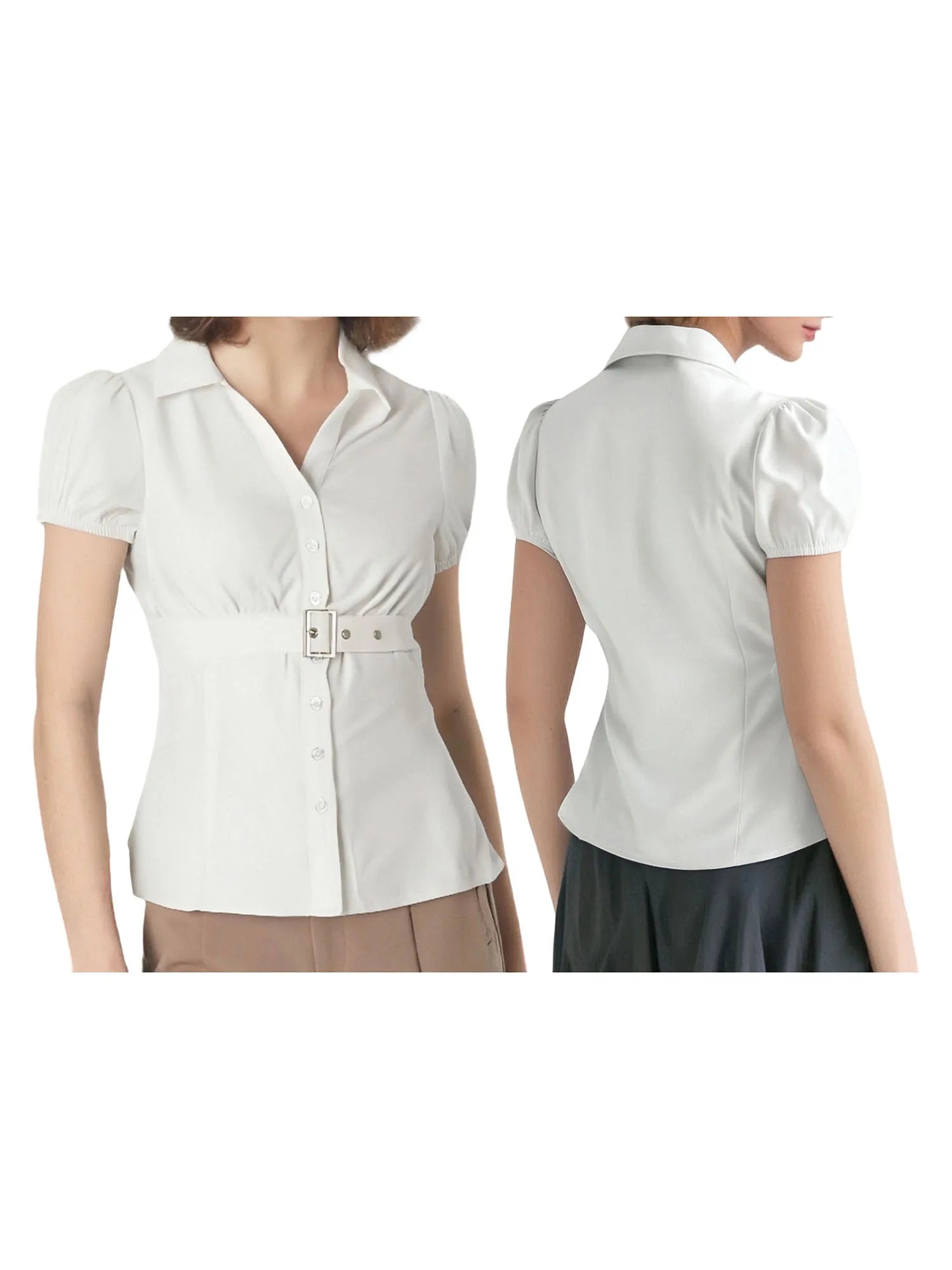 LIZAKOSHT  -  Ladies Stylish Solid Color Blouse with Short Puff Sleeves and Turn Down Collar Casual Button Up Shirt for Summer Fashion