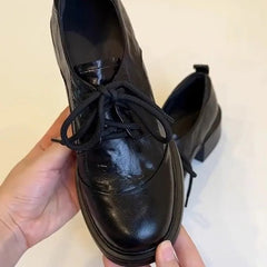LIZAKOSHT  -  Shoes Women's British Style Retro Soft Leather Round Toe Lace Up Loafers for Commuting Versatile Thick Heeled Leather Shoes
