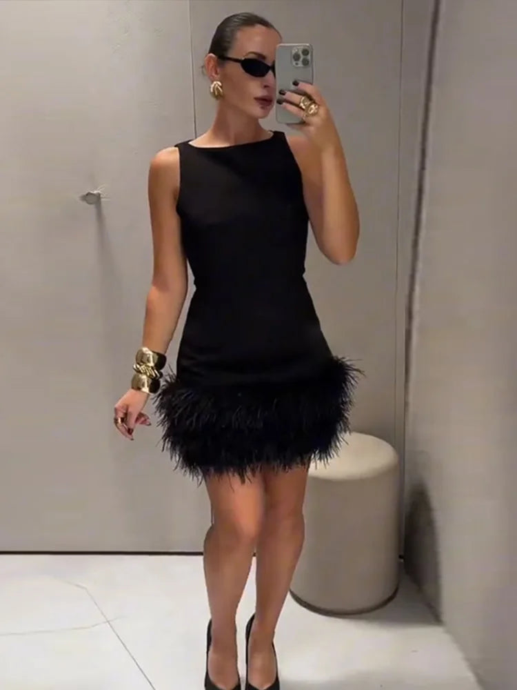 LIZAKOSHT  -  Sleeveless Feather Short Dress Black Women Socialite Party Evening Gown Round Neck Slim Fit Plush Ladies Fashion Slimming Dress