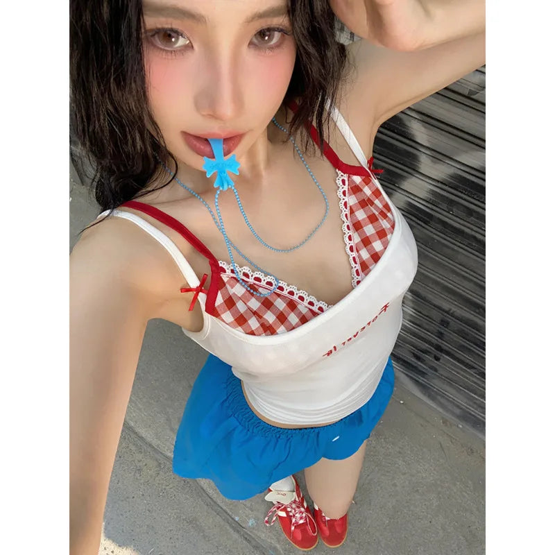 LIZAKOSHT  -  Lace Patchwork Y2k Crop Top Sets Square Collar Sleeveless Camis Plaid Sexy 2 Piece Girls Aesthetic Harajuku Slim Suits For Women
