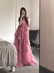 LIZAKOSHT  -  New French Sexy Sweet Long Dress Women Chic Y2k Fairy Slim Backless Pink Dress Japanese Casual Holiday Style Lace Design Outfits