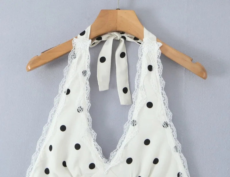 LIZAKOSHT  -  Dot Print Lace Mini Dress For Women Summer Deep V Neck Sleeveless Halter Dresses Party Club Sexy Backless Short Dress