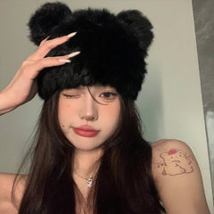 Lizakosht Korean Black Bear Ears Rabbit Fur Hat Cute Plush Wrap Head Cap Cold Warm Fur Caps