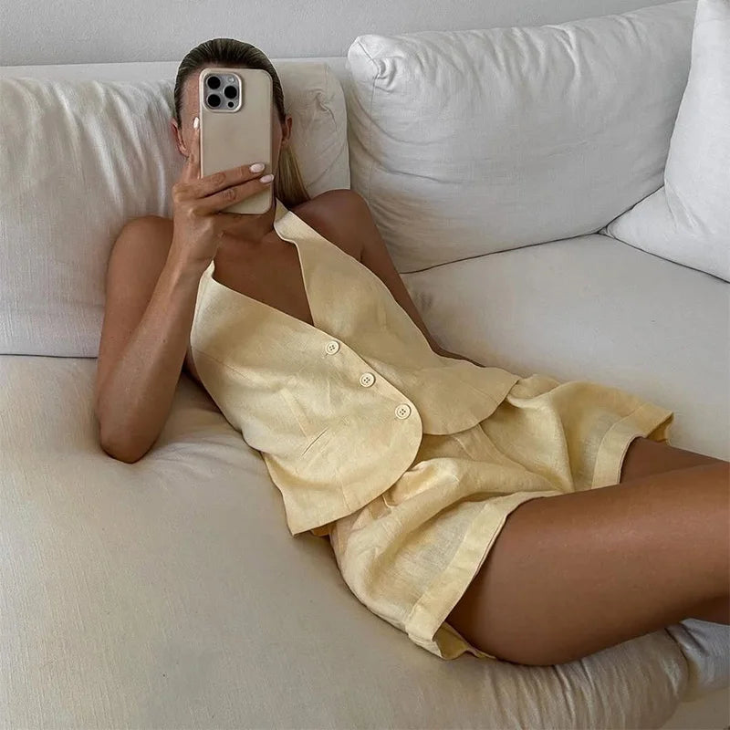 LIZAKOSHT  -  Fashion Halter Women's Two Piece Suit V-neck Sleeveless Single Breasted  Backless Top Short Pants 2025 Summer Lady Causal Outfit