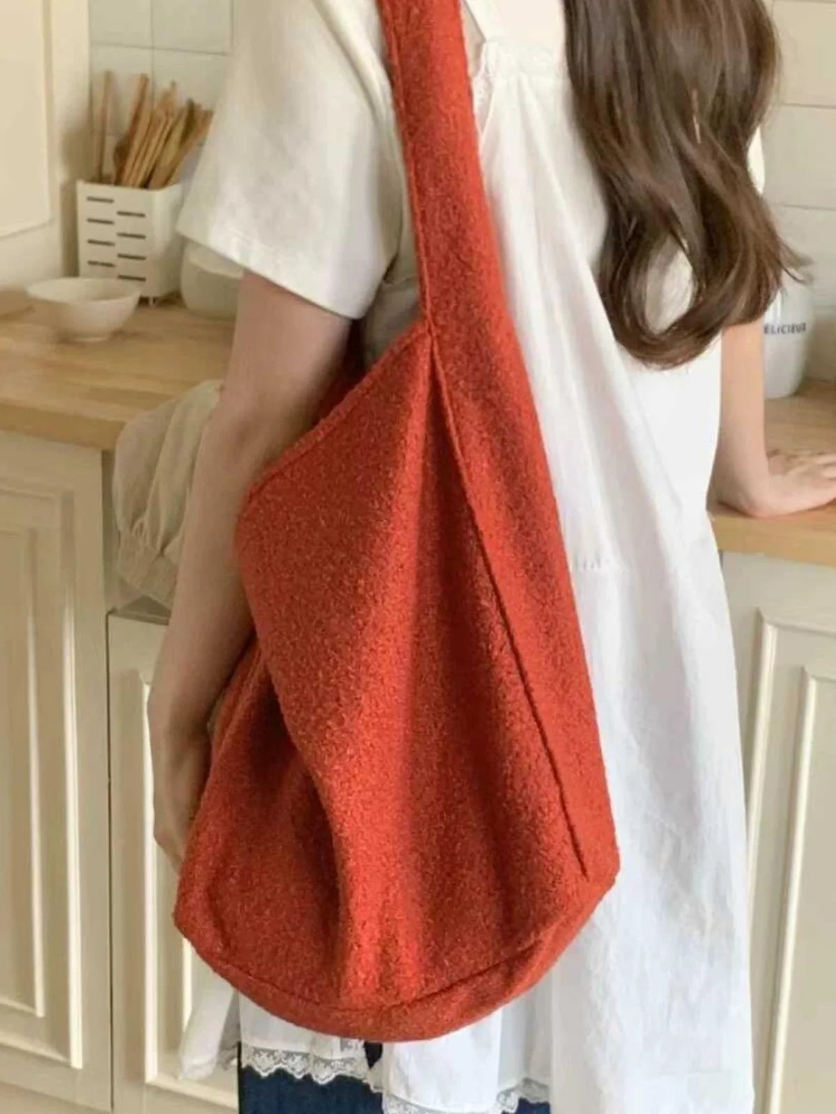 LIZAKOSHT  -  Autumn New Ins Style Woolen Red Tote Bag Causal Korean Fashion One Shoulder Bags for Women