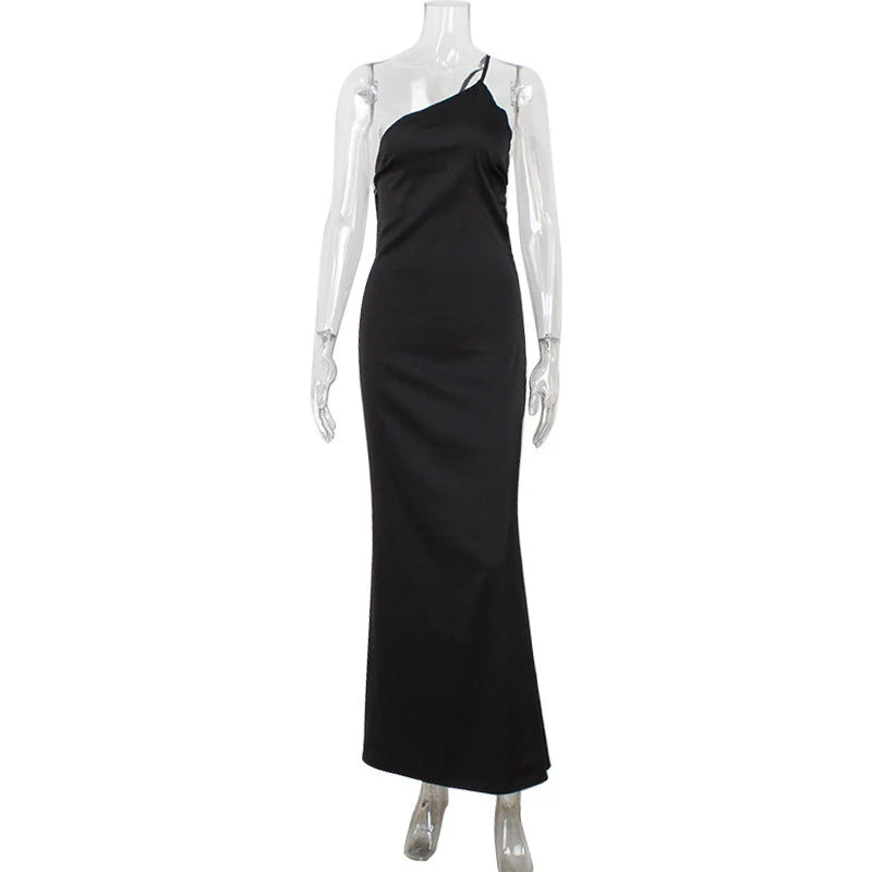 LIZAKOSHT  -  Women's Sling Obliques Shoulder Slim Temperament Black Backless Fashion Satin Evening Party Maxi Lace Stitching Dress for Lady