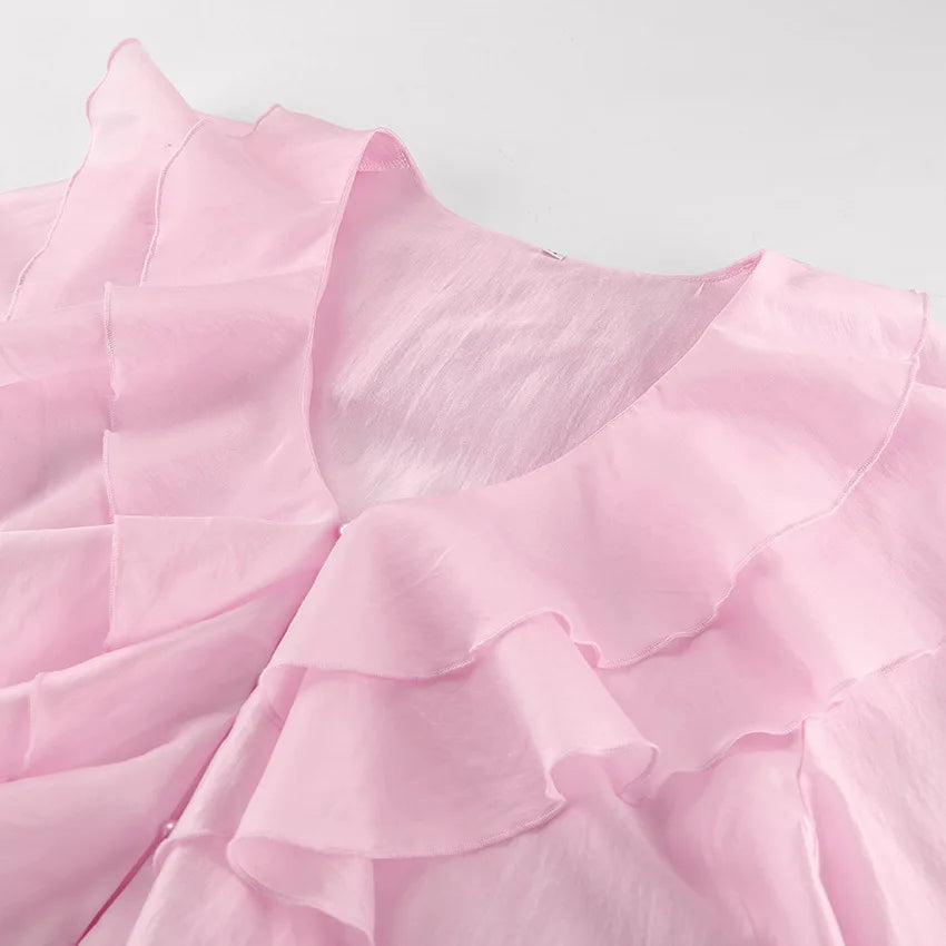 LIZAKOSHT  -  Summer Charm Pink Chiffon Sunscreen Coat Temperament Layered Ruffle V-neck Trumpet Short Women's Shirt