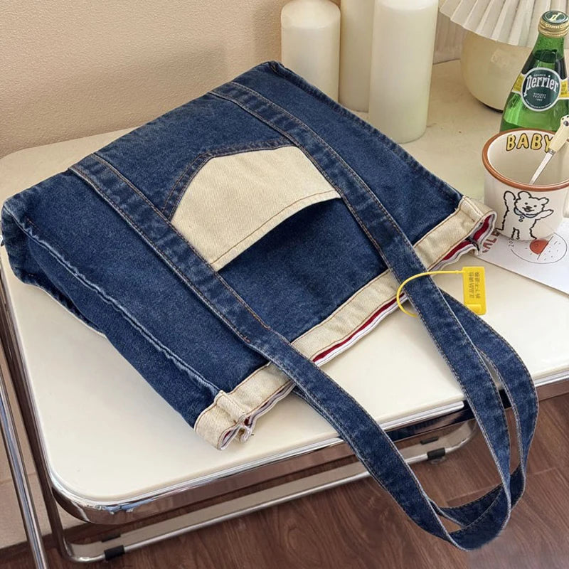 LIZAKOSHT  -  Women's Cowboy Shoulder Bag Shopping Bags Splicing Denim Handbag Fashion Simple Tote