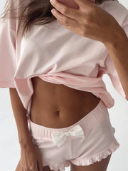 LIZAKOSHT  -  Summer Pink Ladies Nightgowns 2 Piece Suit Half Sleeve Nightwear O-Neck Pajamas Shorts Casual Home Clothes For Women
