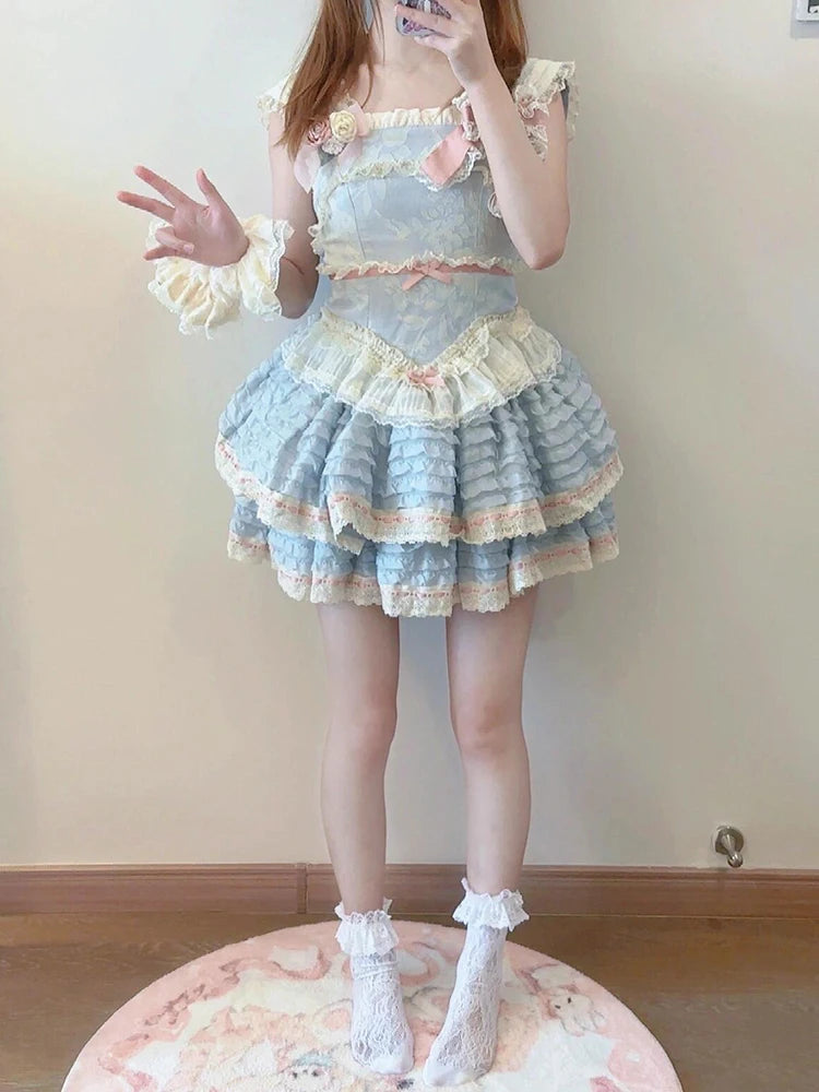 LIZAKOSHT  -  Japanese cute layer cake Lolita dress Blue sweet little girl heavy fluffy short skirt