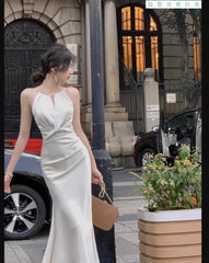 LIZAKOSHT  -  Sexy Sleeveless Satin Mermaid Long Dresses for Women New Summer French Elegant Fashion Slim Solid Tank Evening Party Robe