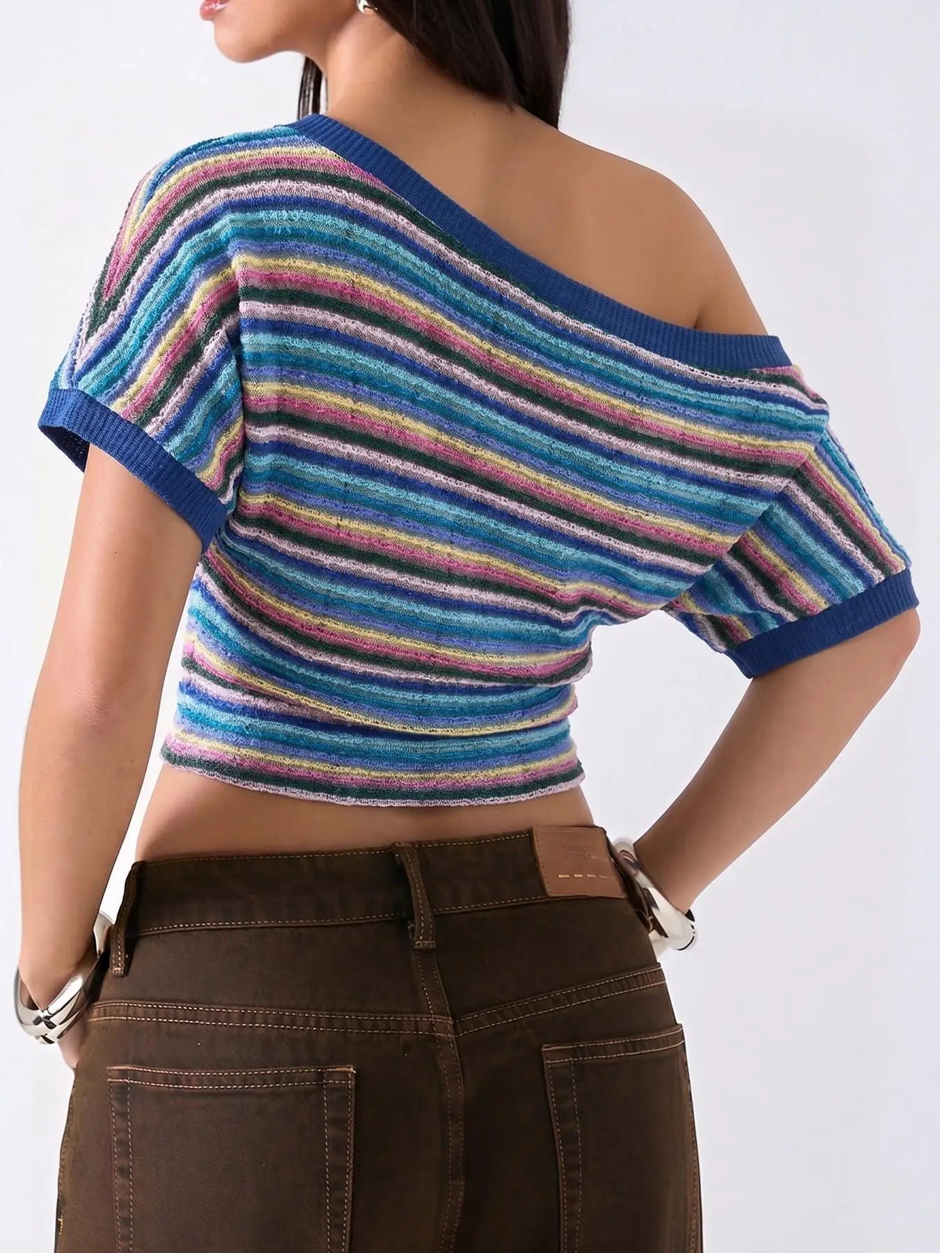 LIZAKOSHT  -  Colorful Bohemian Y2K Spicy Retro Hollow Knitted T-Shirt Asymmetrical Shoulder Line Batswing Sleeve Waist Cinched Top
