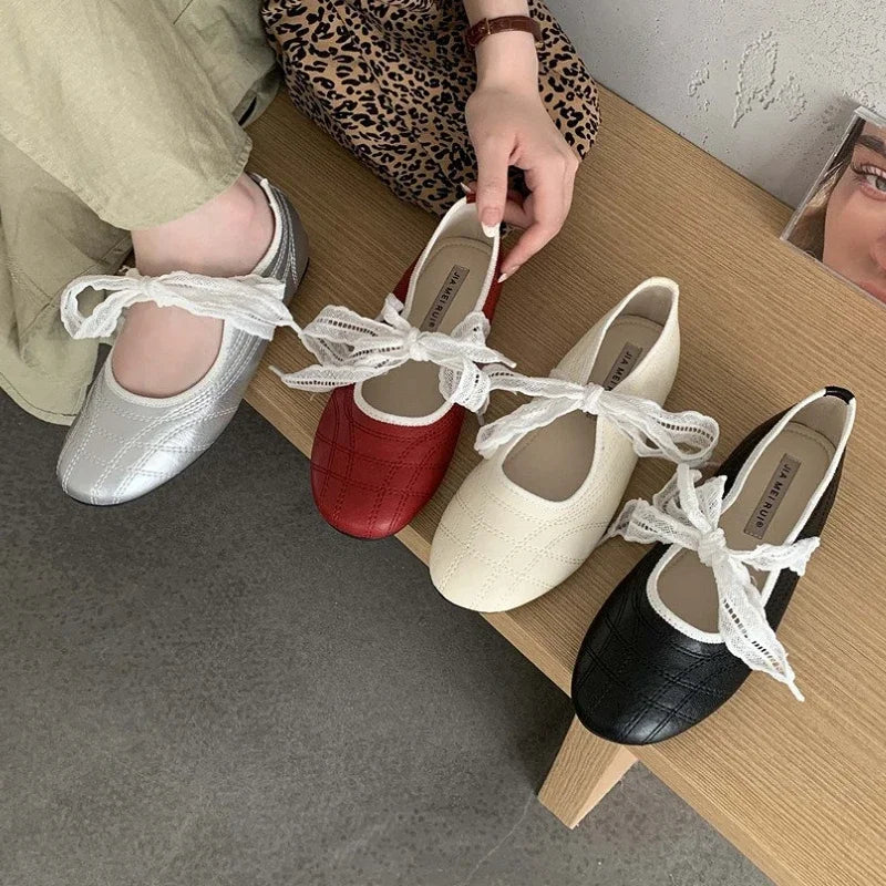 LIZAKOSHT  -  Fashion Round Toe Ballet Flats Women Butterfly-knot New Concise Casual Flat Shoes Comfy Silvery Brand Designer Women Shoes