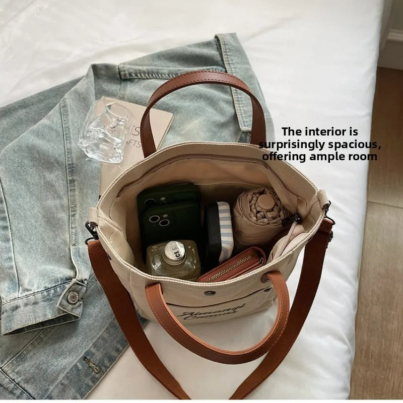 Fashion Canvas Shoulder Bag Women Winter Large Capacity Crossbody Bag for Work Commute Comfortable Versatile Texture Bucket Bag