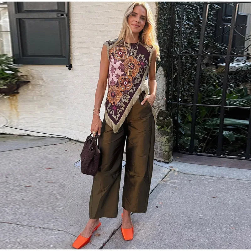LIZAKOSHT  -  Vintage Tassel Printed Irregular Tops Women Sleeveless Round Neck Patchwork Tops Lady New Casual Daily Fashion Summer Clothes