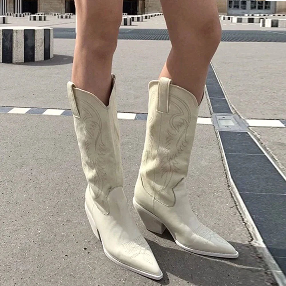 LIZAKOSHT  -  Retro Western Boots Vintage Cream Cowboy Boots Women Shoes Embroidered Pull On Chunky Heels Mid Calf Black Cowgirls Boots